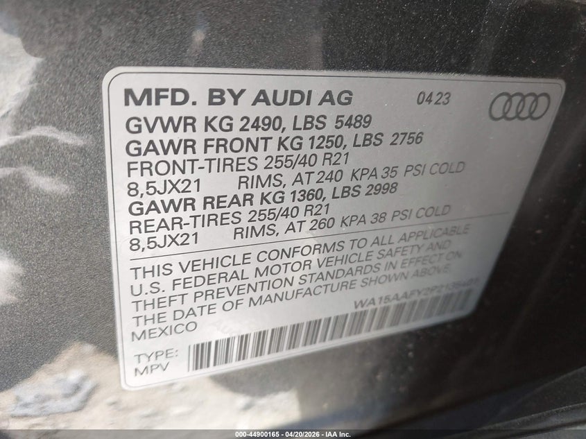 2023 Audi Q5 Sportback Premium Plus 45 Tfsi S Line Quattro S Tronic VIN: WA15AAFY2P2135401 Lot: 44900165