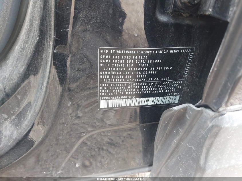 2022 Volkswagen Taos 1.5T Se VIN: 3VVRX7B25NM081612 Lot: 44900183