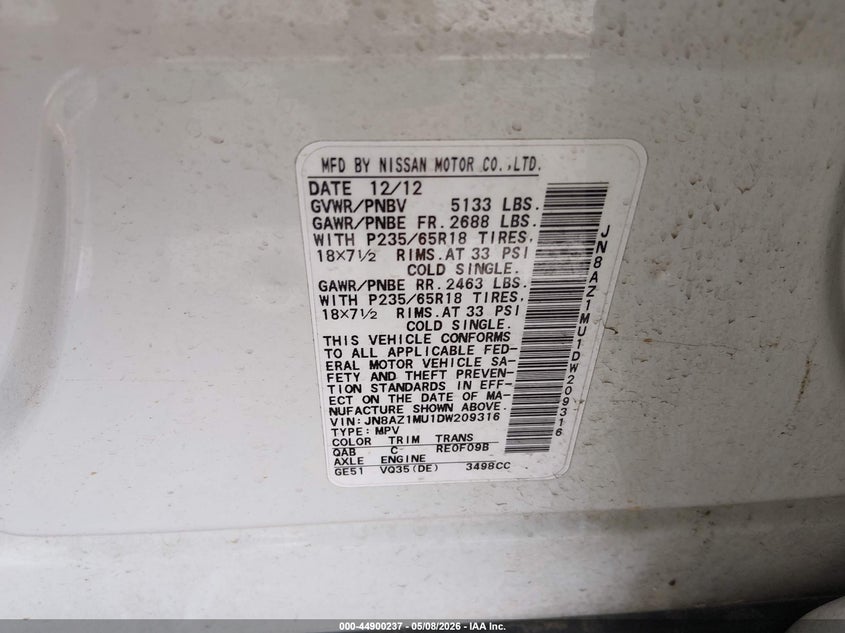 2013 Nissan Murano Sl VIN: JN8AZ1MU1DW209316 Lot: 44900237