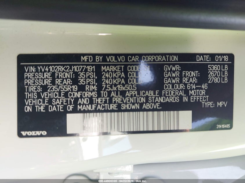 2018 Volvo Xc60 T5 Momentum VIN: YV4102RK2J1077191 Lot: 44900359