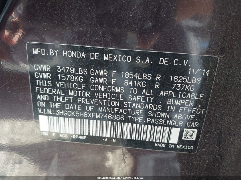 2015 Honda Fit Ex/Ex-L VIN: 3HGGK5H8XFM746866 Lot: 44900524