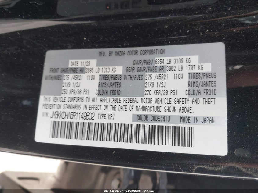 2024 Mazda Cx-90 Phev Premium VIN: JM3KKDHA6R1149602 Lot: 44900607