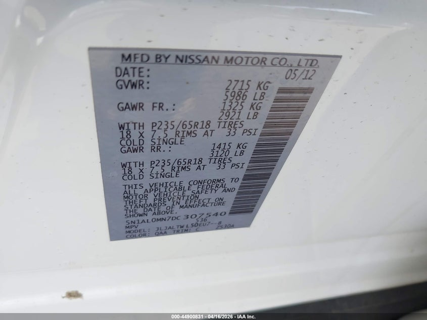 2013 Infiniti Jx35 VIN: 5N1AL0MN7DC307540 Lot: 44900831