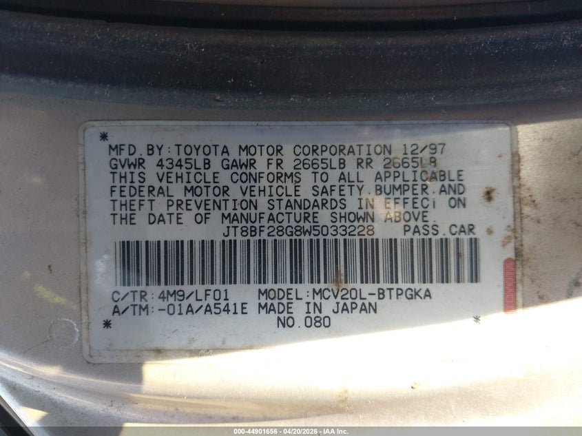 1998 Lexus Es 300 VIN: JT8BF28G8W5033228 Lot: 44901656