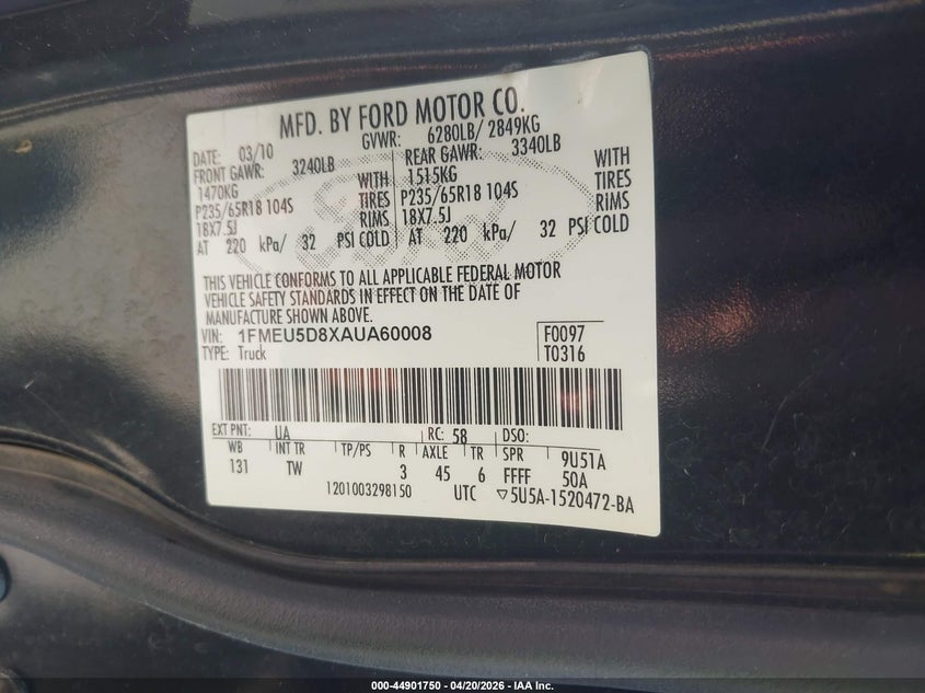 2010 Ford Explorer Sport Trac Limited VIN: 1FMEU5D8XAUA60008 Lot: 44901750