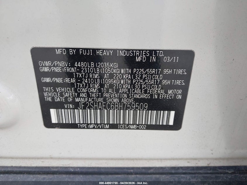 JF2SHAEC6BH759509 2011 Subaru Forester 2.5 2.5X Limited white