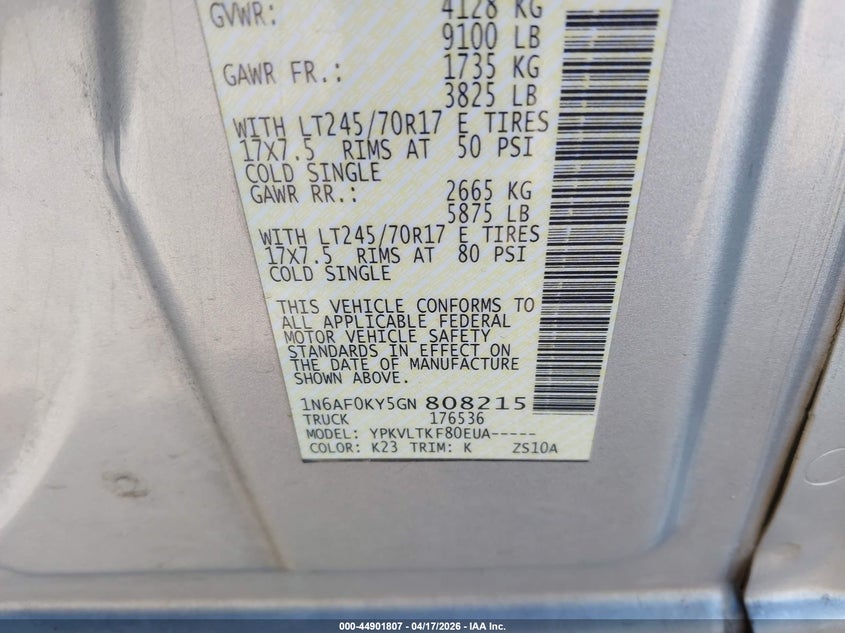 2016 Nissan Nv Cargo Nv2500 Hd Sv V8 VIN: 1N6AF0KY5GN808215 Lot: 44901807
