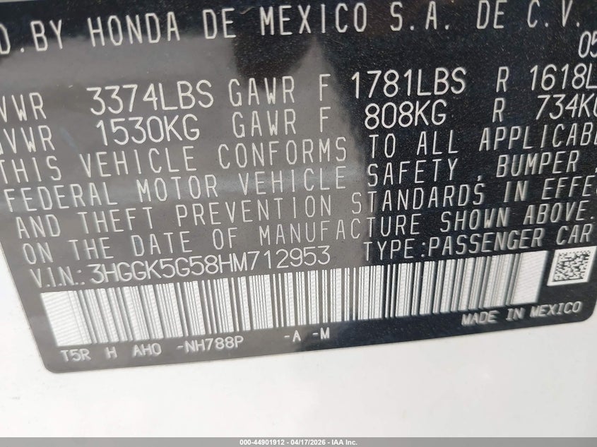 2017 Honda Fit Lx VIN: 3HGGK5G58HM712953 Lot: 44901912