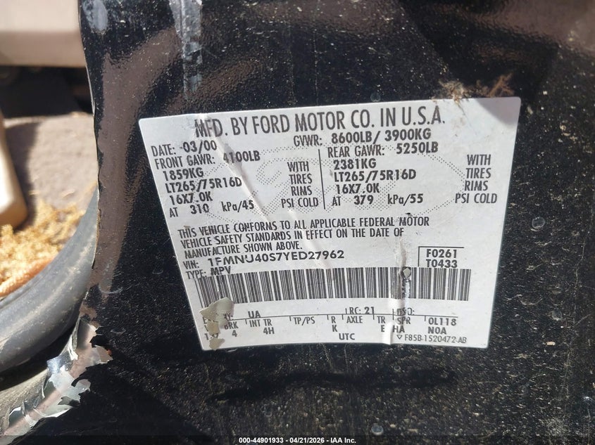 2000 Ford Excursion Xlt VIN: 1FMNU40S7YED27962 Lot: 44901933