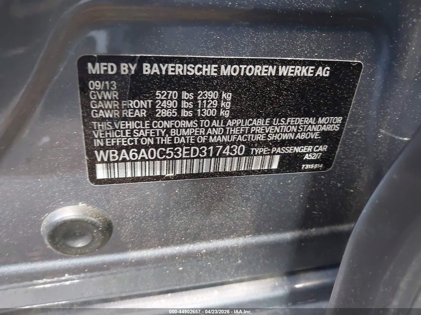 2014 BMW 640I Gran Coupe VIN: WBA6A0C53ED317430 Lot: 44902657