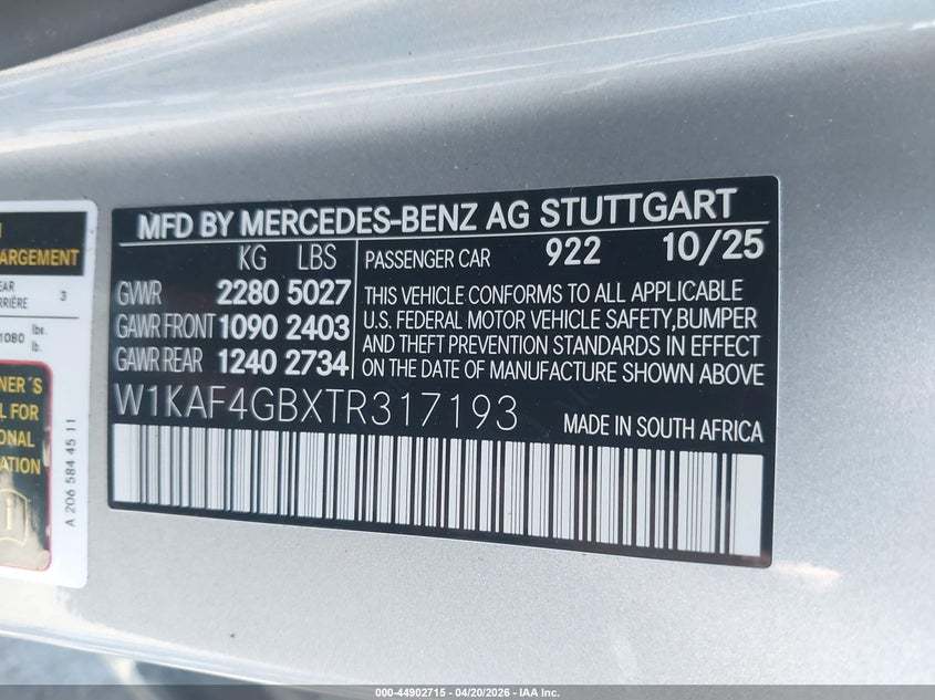 2026 MERCEDES-BENZ C 300 2.0L I-4 DI, DOHC, V(VIN: W1KAF4GBXTR317193