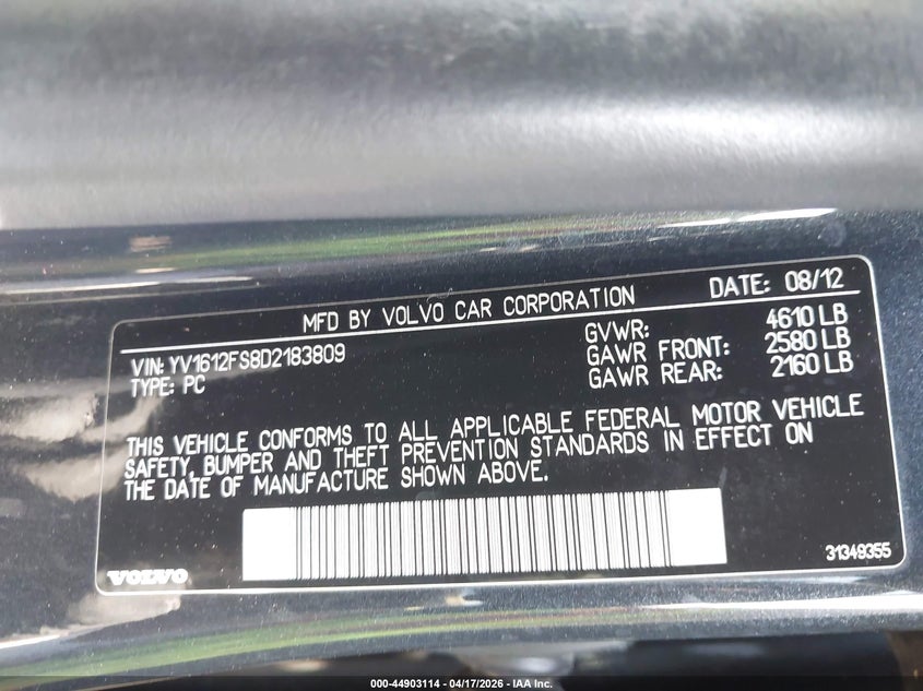 2013 Volvo S60 T5 Platinum VIN: YV1612FS8D2183809 Lot: 44903114