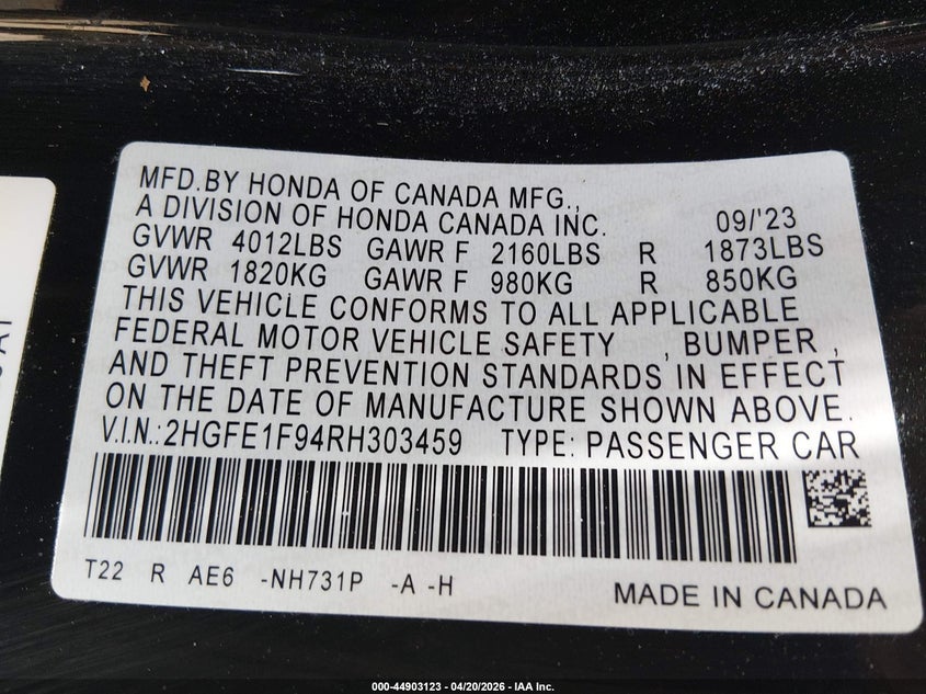 2024 HONDA CIVIC 1.5L I-4 DI, DOHC, V(VIN: 2HGFE1F94RH303459
