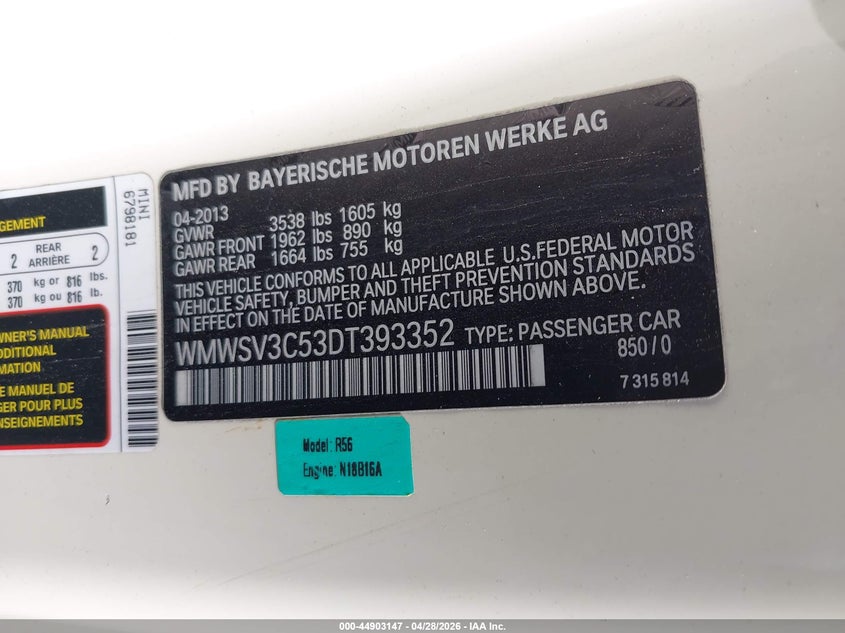2013 Mini Hardtop Cooper S VIN: WMWSV3C53DT393352 Lot: 44903147