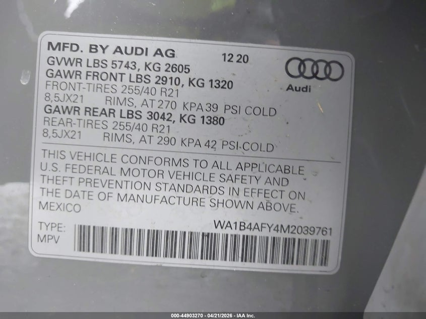 2021 Audi Sq5 Premium Plus Tfsi Quattro Tiptronic VIN: WA1B4AFY4M2039761 Lot: 44903270