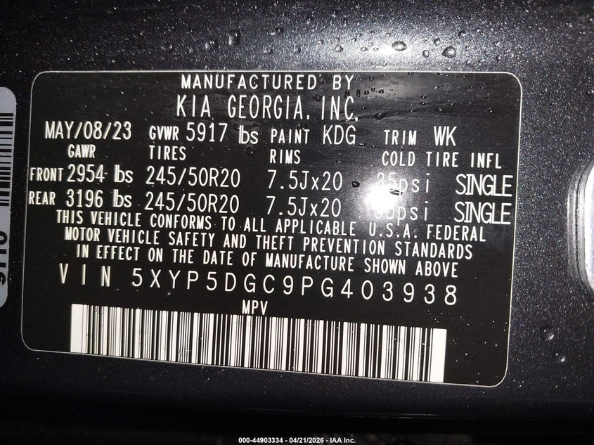 2023 KIA TELLURIDE 3.8L V-6 DI, DOHC, V(VIN: 5XYP5DGC9PG403938