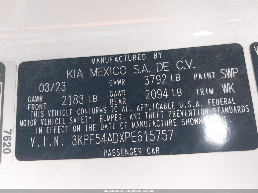 2023 KIA FORTE 2.0L I-4 DOHC, VVT, (VIN: 3KPF54ADXPE615757