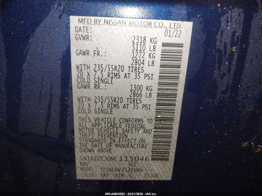 2022 NISSAN MURANO 3.5L V-6 DOHC, VVT, (VIN: 5N1AZ2CJ0NC115046