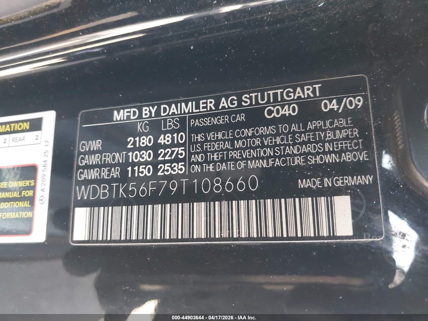 2009 Mercedes-Benz Clk 350 VIN: WDBTK56F79T108660 Lot: 44903644