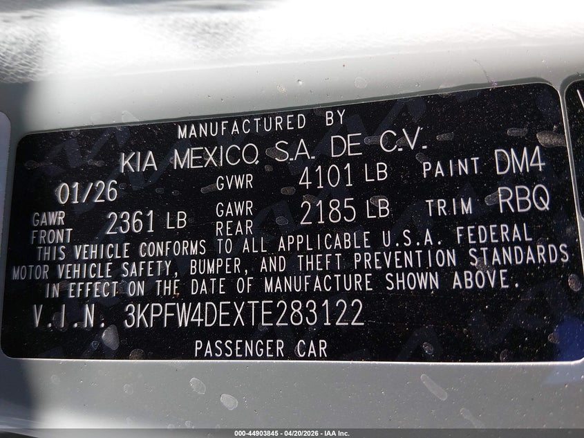 2026 KIA K4 2.0L I-4 DOHC, VVT, (VIN: 3KPFW4DEXTE283122