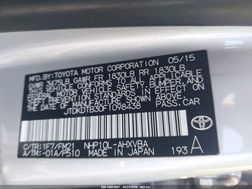 2015 Toyota Prius C Two VIN: JTDKDTB30F1098438 Lot: 44903867