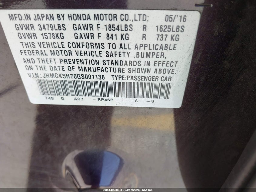2016 Honda Fit Ex VIN: JHMGK5H70GS001136 Lot: 44903883