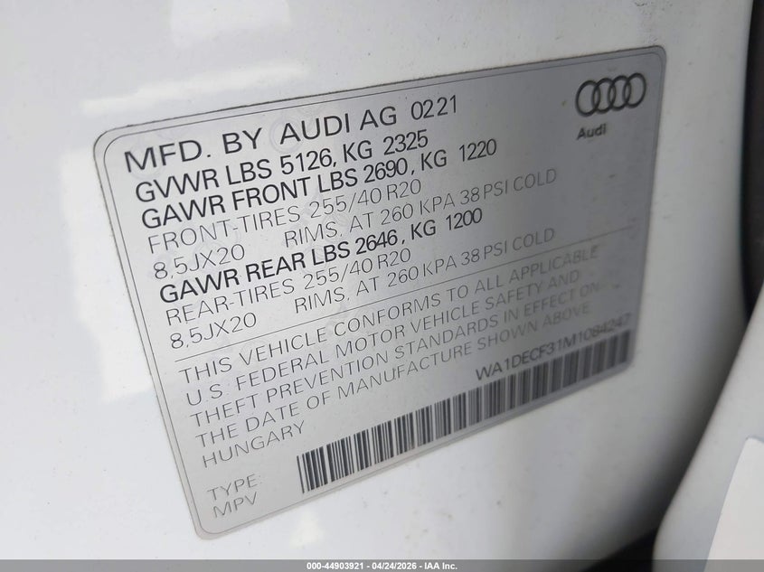 2021 Audi Q3 Premium 45 Tfsi S Line Quattro Tiptronic VIN: WA1DECF31M1084247 Lot: 44903921