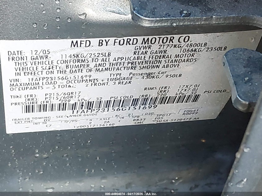2006 Ford Five Hundred Se VIN: 1FAFP23156G151699 Lot: 44904074
