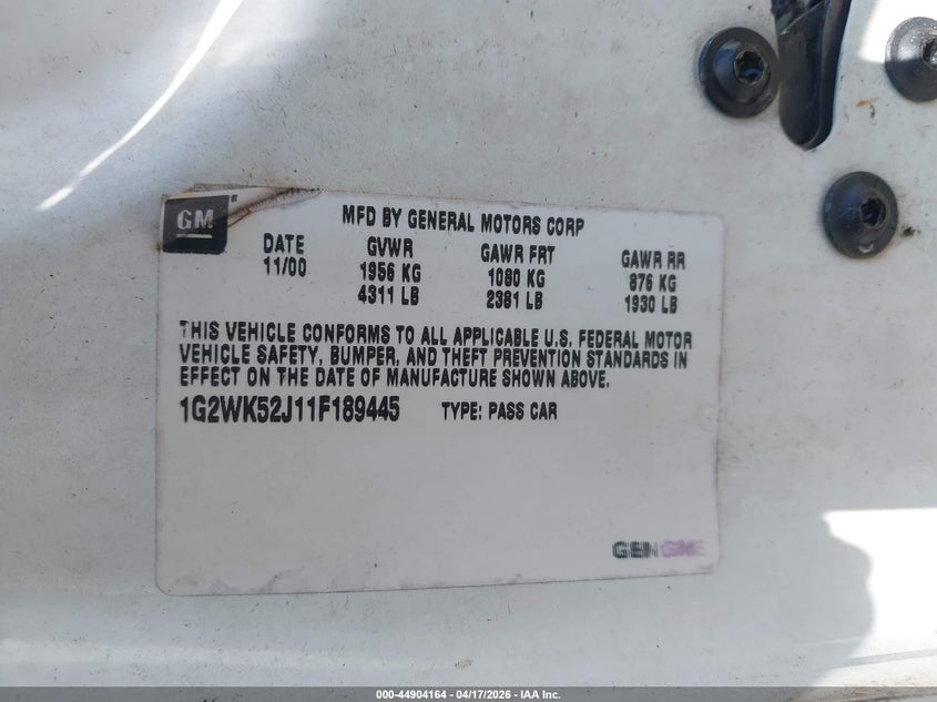 2001 Pontiac Grand Prix Se VIN: 1G2WK52J11F189445 Lot: 44904164