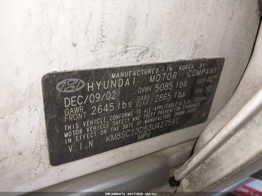 2003 Hyundai Santa Fe Gls/Lx VIN: KM8SC13D53U427591 Lot: 44904174