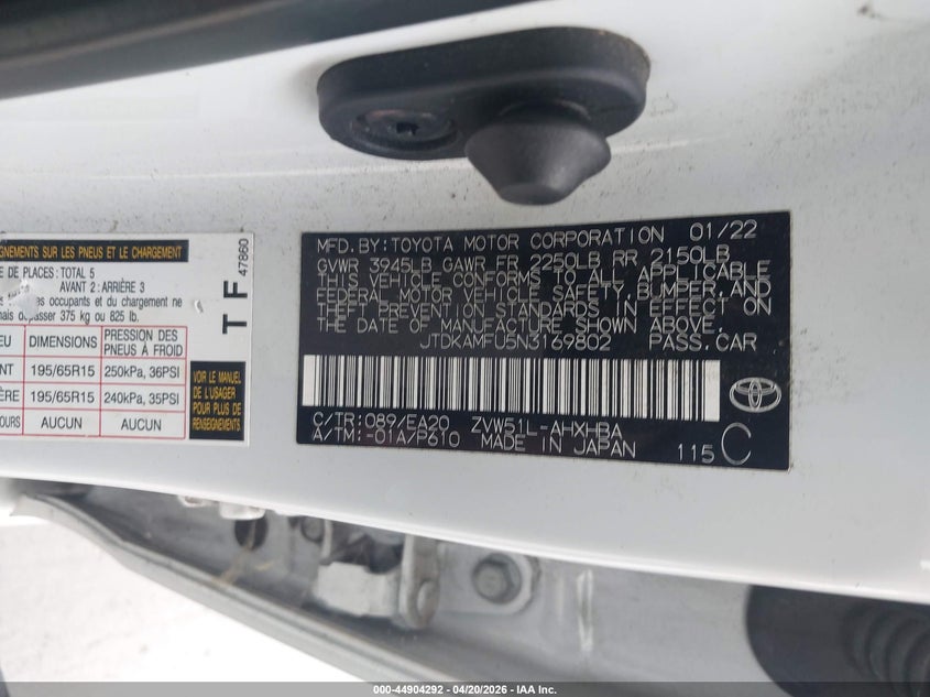 2022 TOYOTA PRIUS 1.8L I-4 DOHC, VVT, (VIN: JTDKAMFU5N3169802