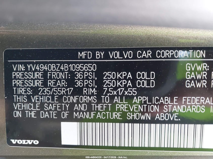 2011 Volvo Xc70 3.2 VIN: YV4940BZ4B1095650 Lot: 44904320