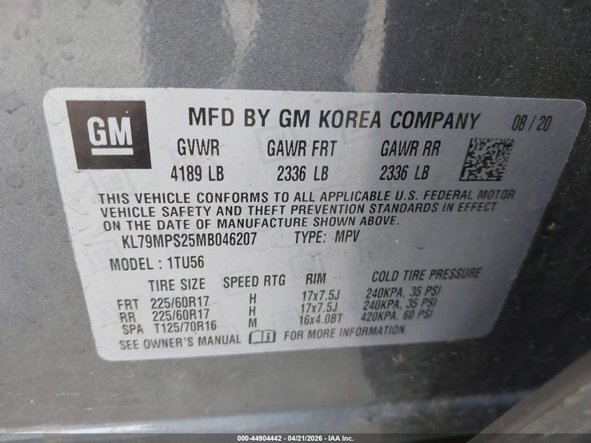 2021 CHEVROLET TRAILBLAZER 1.2L I-3 DI, DOHC, V(VIN: KL79MPS25MB046207
