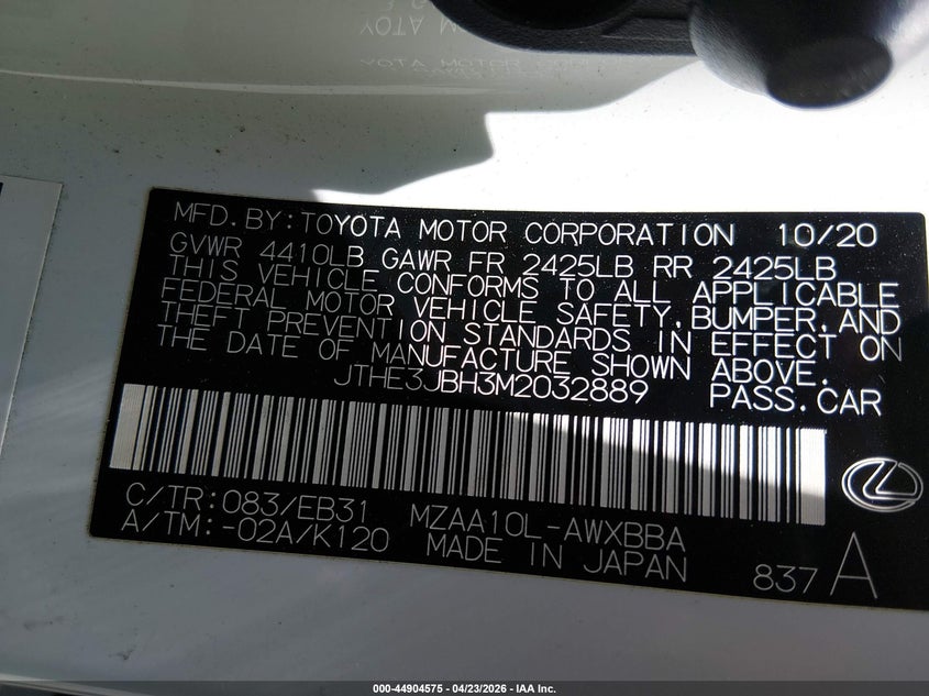 2021 Lexus Ux 200 F Sport VIN: JTHE3JBH3M2032889 Lot: 44904575