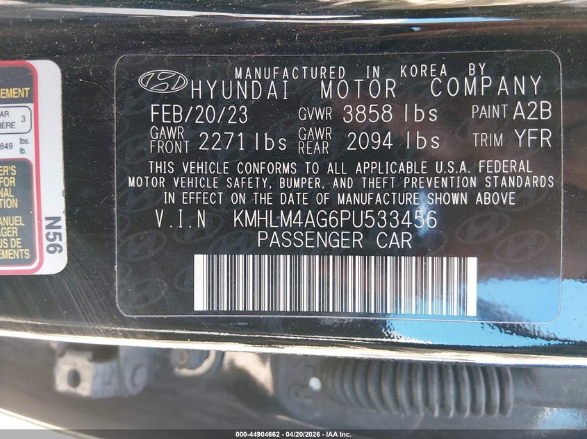 2023 HYUNDAI ELANTRA 2.0L I-4 DOHC, VVT, (VIN: KMHLM4AG6PU533456
