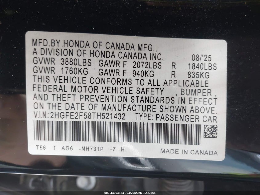 2026 HONDA CIVIC 2.0L I-4 DI, DOHC, V(VIN: 2HGFE2F58TH521432