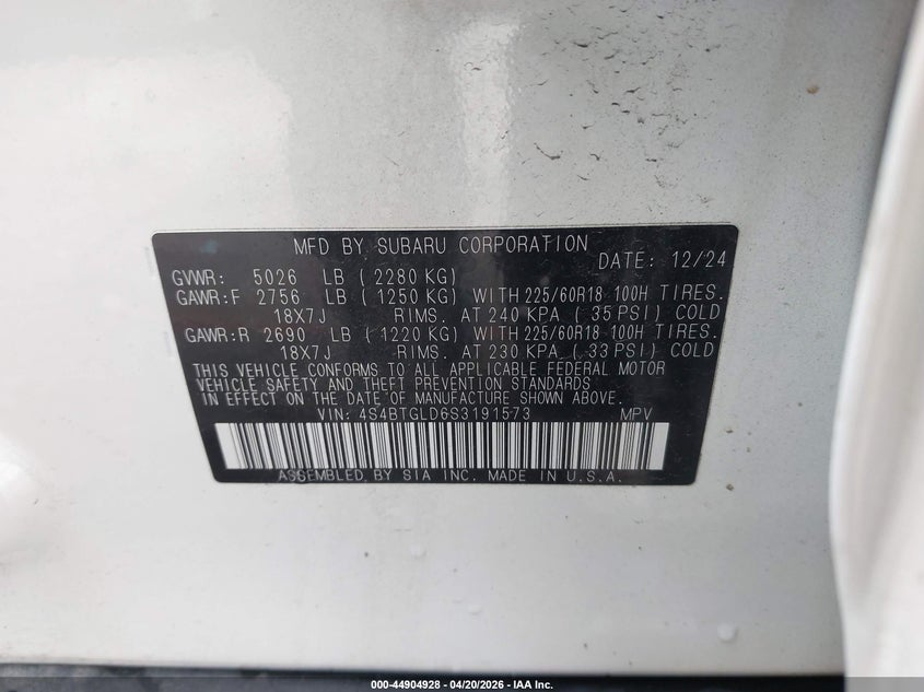 2025 SUBARU OUTBACK 2.4L H-4 DI, DOHC, V(VIN: 4S4BTGLD6S3191573