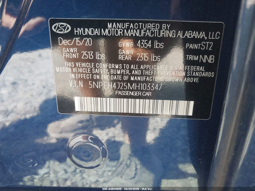 2021 HYUNDAI SONATA 1.6L I-4 DI, DOHC, V(VIN: 5NPEH4J25MH103347