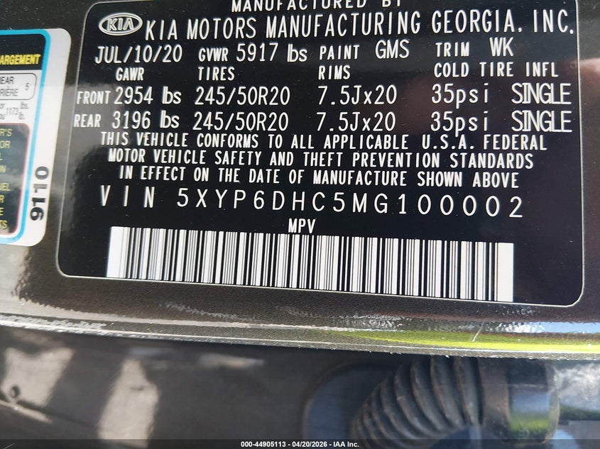 2021 KIA TELLURIDE 3.8L V-6 DI, DOHC, V(VIN: 5XYP6DHC5MG100002