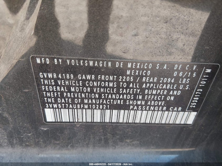 2015 Volkswagen Golf Gti 2.0T Se 4-Door VIN: 3VW5T7AU8FM102821 Lot: 44905225