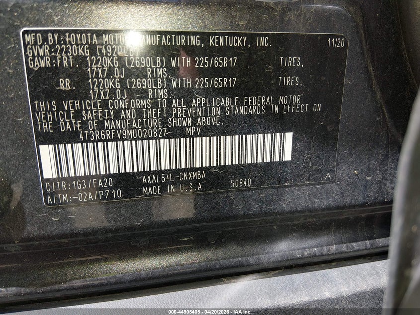 2021 TOYOTA RAV4 HYBRID 2.5L I-4 DI, DOHC, V(VIN: 4T3R6RFV9MU020827