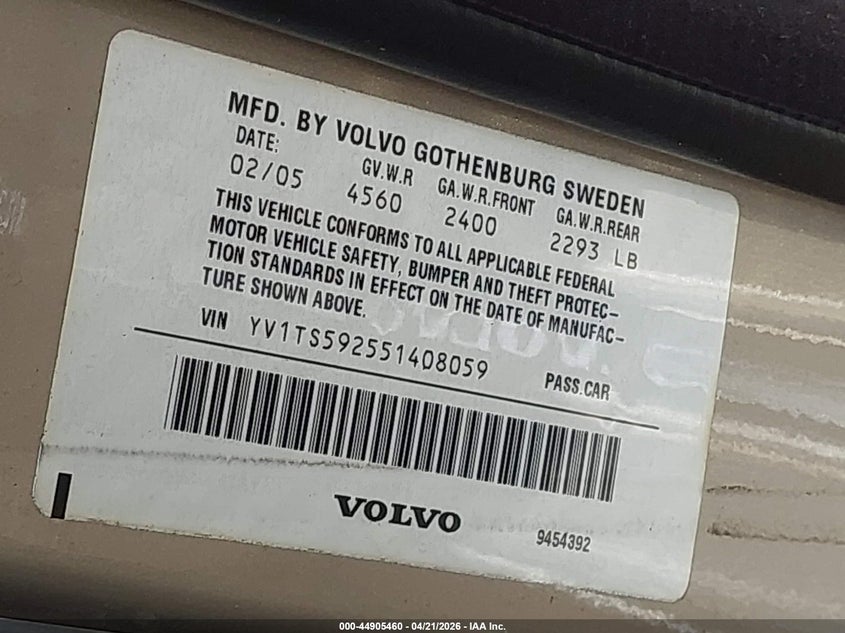 2005 Volvo S80 2.5T VIN: YV1TS592551408059 Lot: 44905460