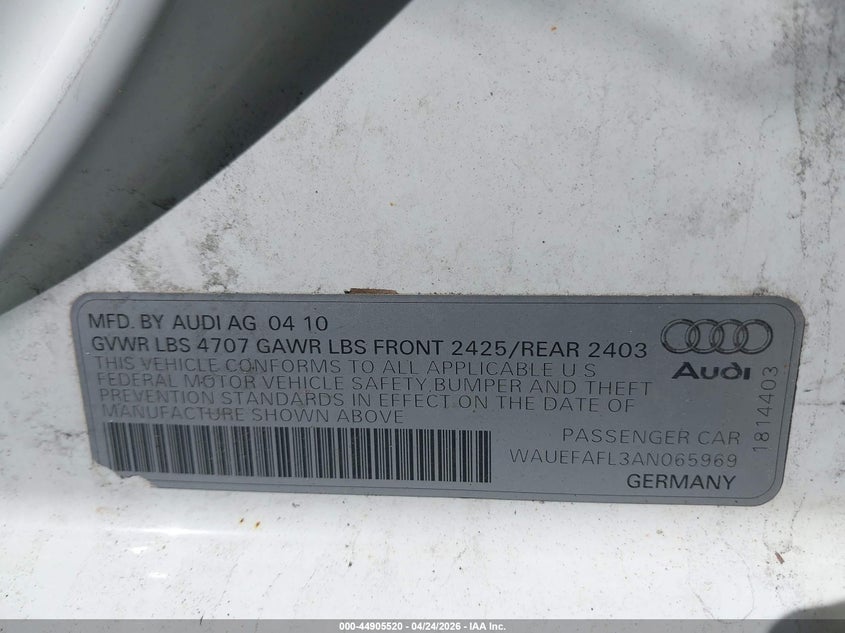 2010 Audi A4 2.0T Premium VIN: WAUEFAFL3AN065969 Lot: 44905520