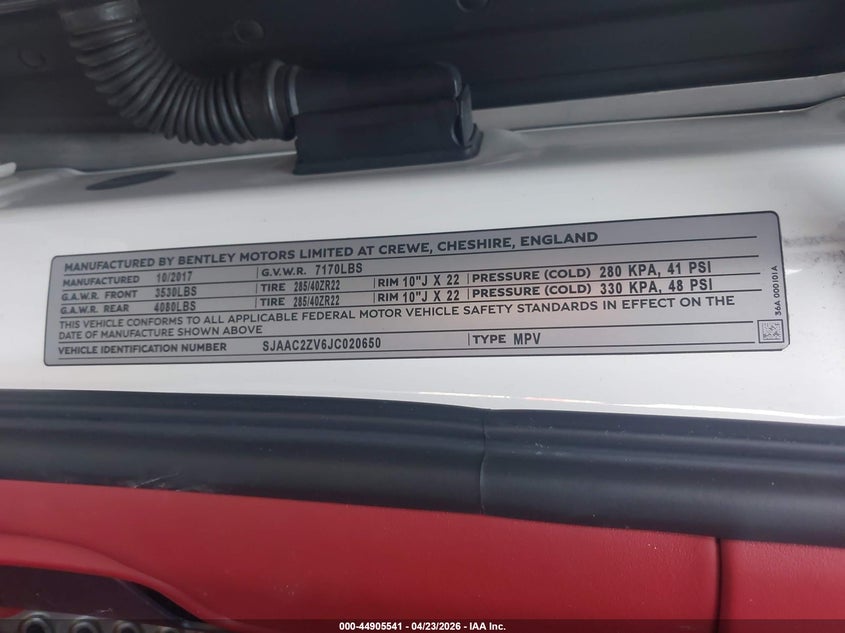 2018 Bentley Bentayga Activity Edition/Black Edition/Mulliner/Onyx Edition/W12 VIN: SJAAC2ZV6JC020650 Lot: 44905541