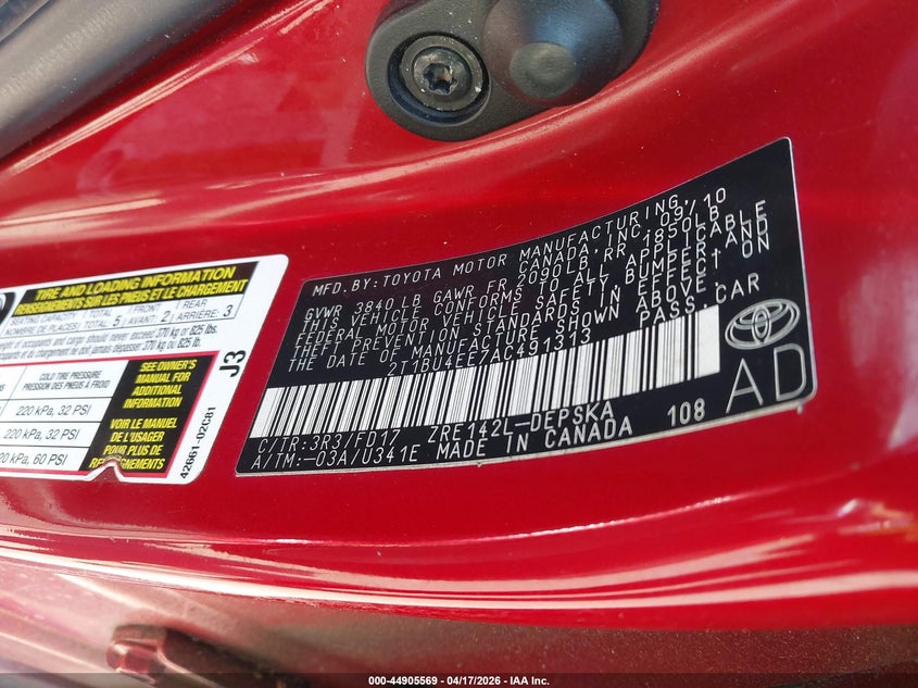 2010 TOYOTA COROLLA SEDAN 1.8L I-4 DOHC, VVT, 132HP