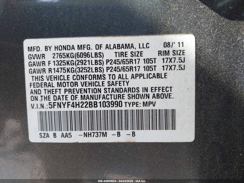 2011 Honda Pilot 3.5 Lx grey Lot 111044905634 Vin 5FNYF4H22BB103990