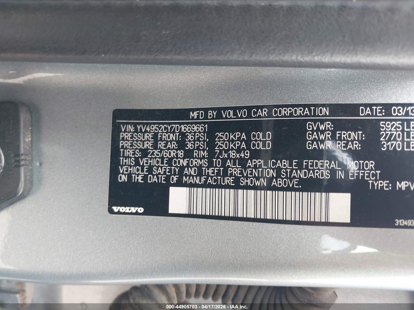 2013 Volvo Xc90 3.2/3.2 Platinum/3.2 Premier Plus VIN: YV4952CY7D1669661 Lot: 44905703