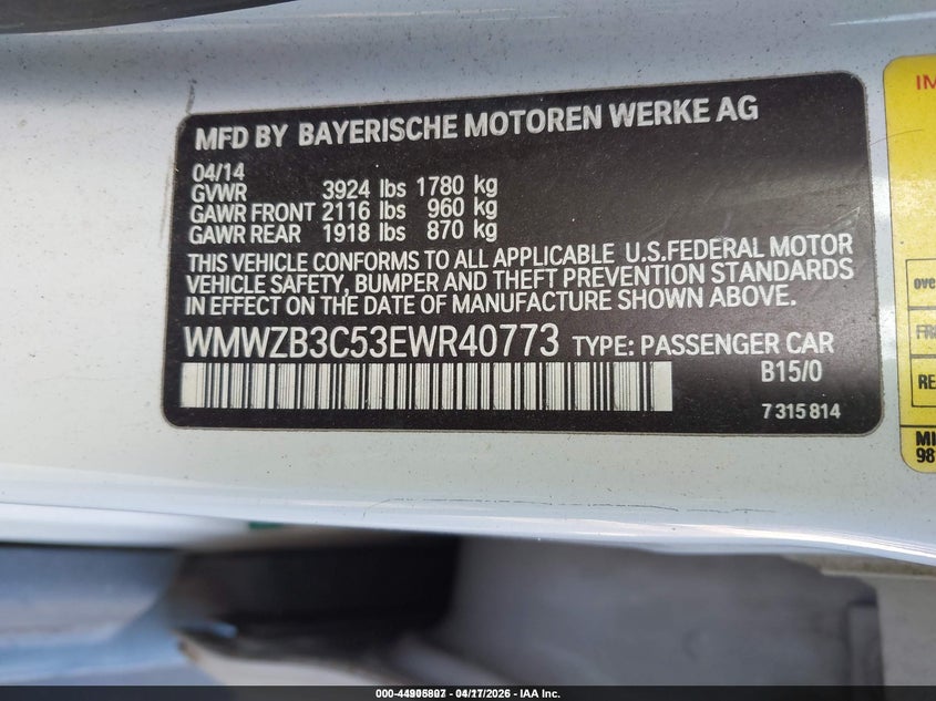 2014 Mini Countryman Cooper VIN: WMWZB3C53EWR40773 Lot: 44905807