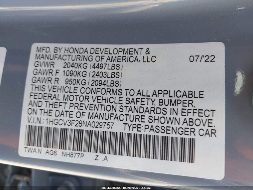 2022 HONDA ACCORD HYBRID 2.0L I-4 DOHC, VVT, (VIN: 1HGCV3F28NA029757