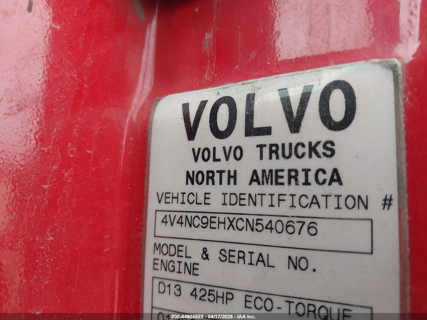 2012 Volvo Vn Vnl VIN: 4V4NC9EHXCN540676 Lot: 44905989